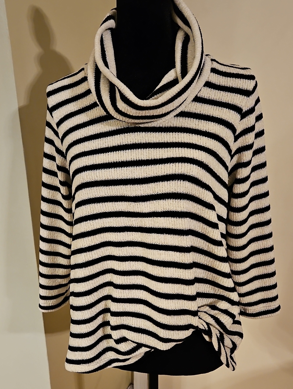 Ruby Rd Petite Metallic Striped Cowl Neck Side Knot Sweater Black White PS